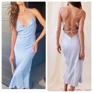 Andjela "Kate" Icy Blue Satin Slip Style Open Back Midi Dress | P